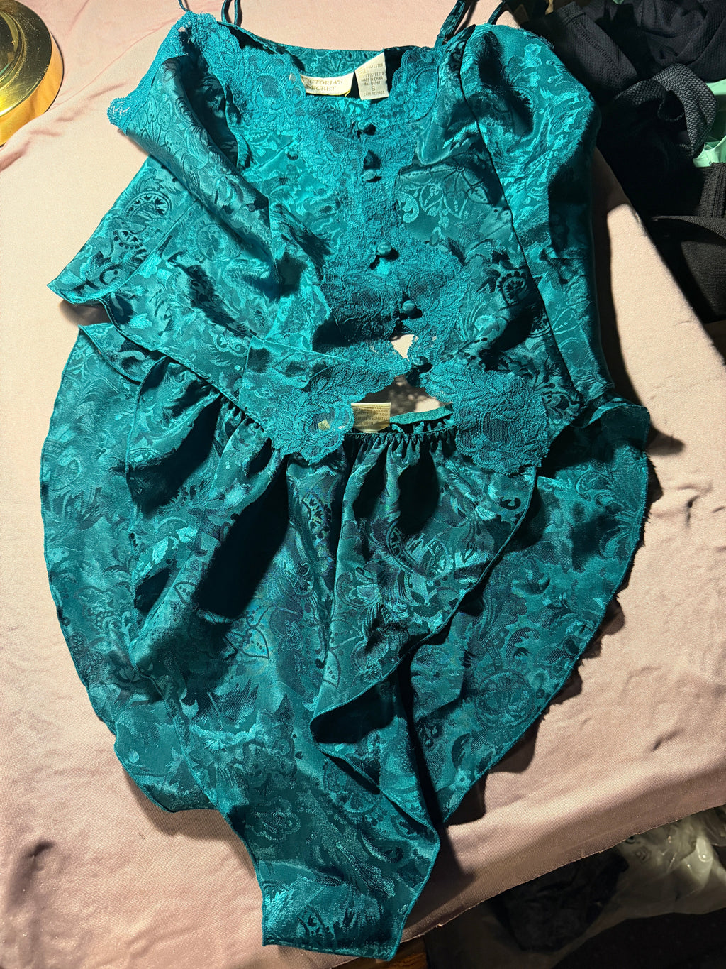 Vintage Victoria's Secret Teal Brocade Lace Slip Dress