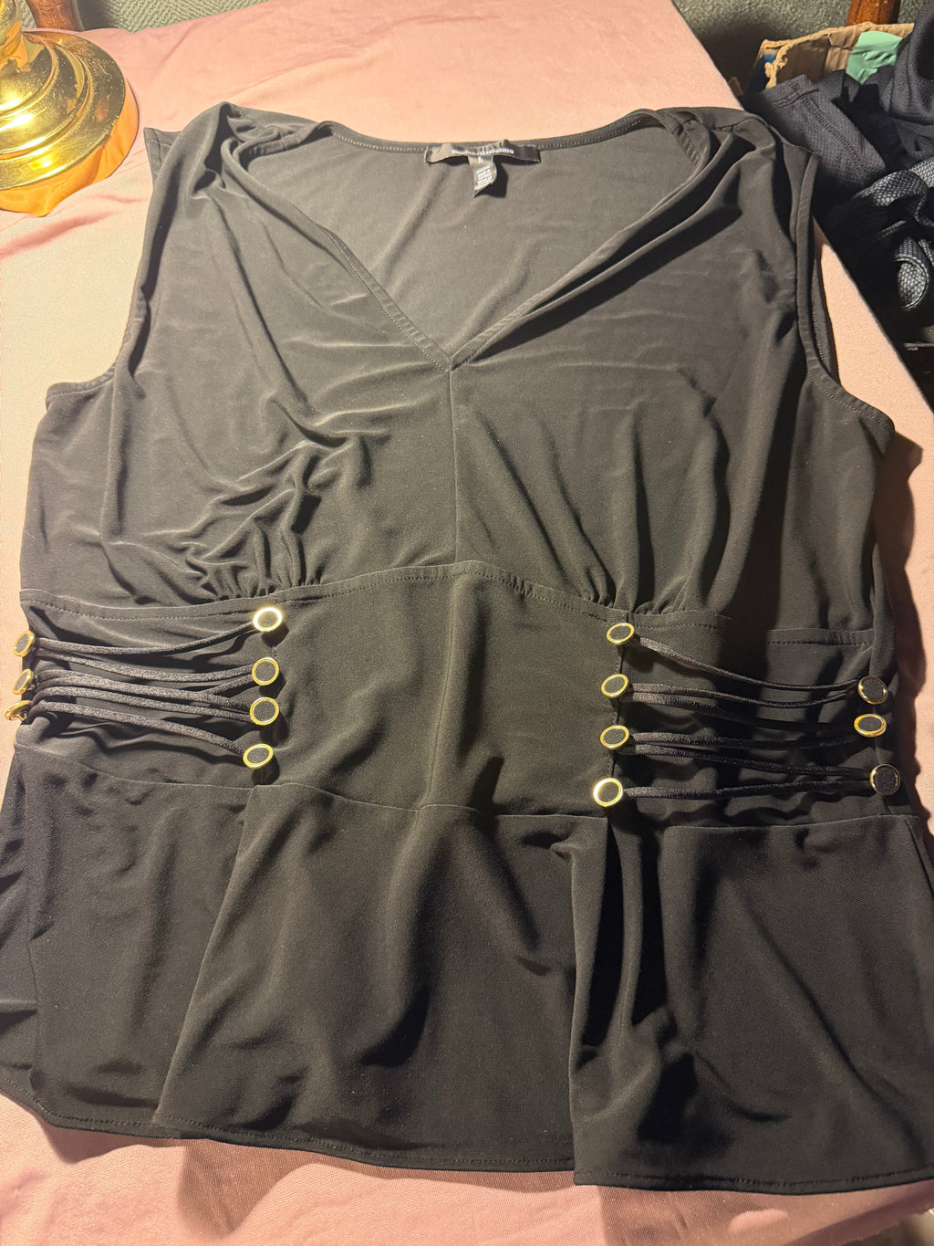 WHBM Black Sleeveless Peplum Top with Gold Ring Detail