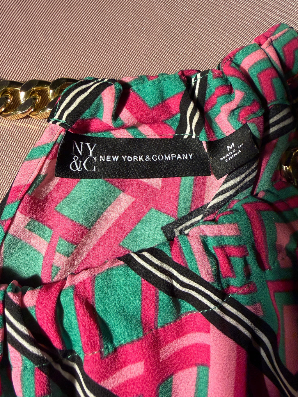 New York & Company Geometric Print Gold Chain Halter Top – Size M