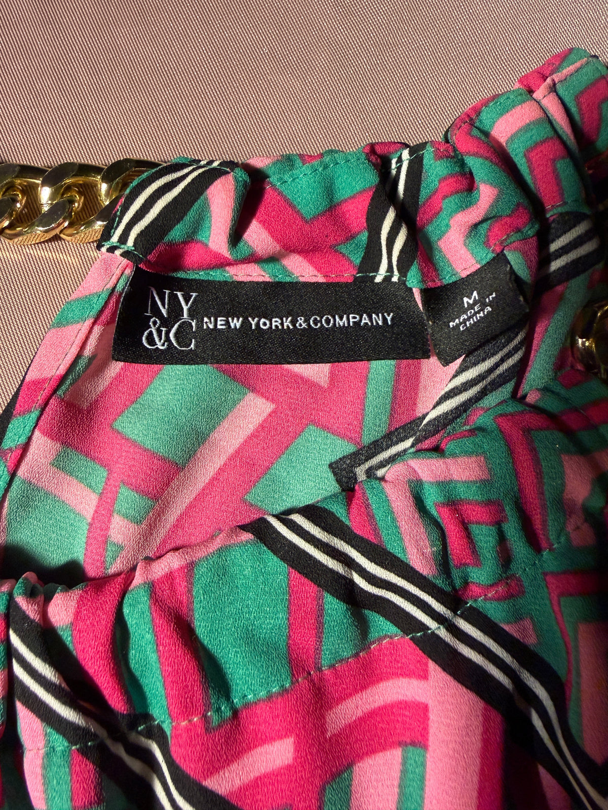 New York & Company Geometric Print Gold Chain Halter Top – Size M