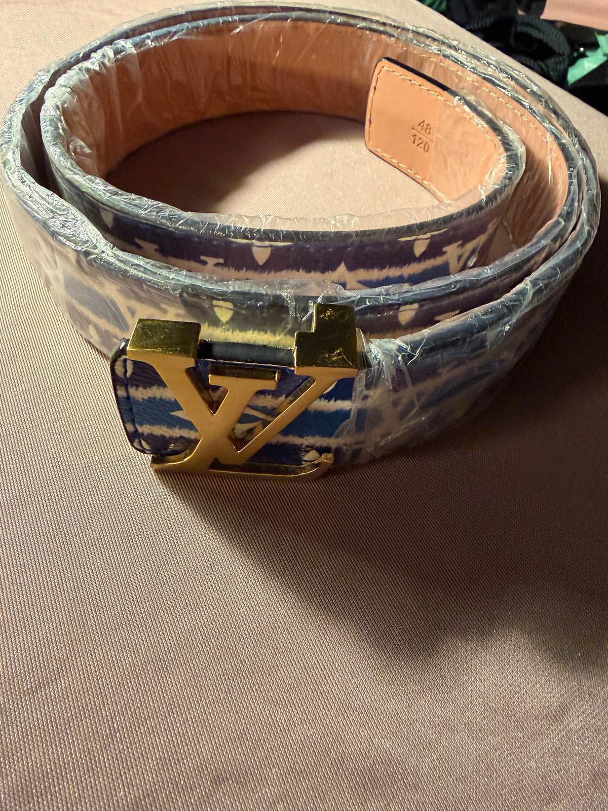 Fashion Belt – Blue Monogram Print, Size 48/120 (New in Box)