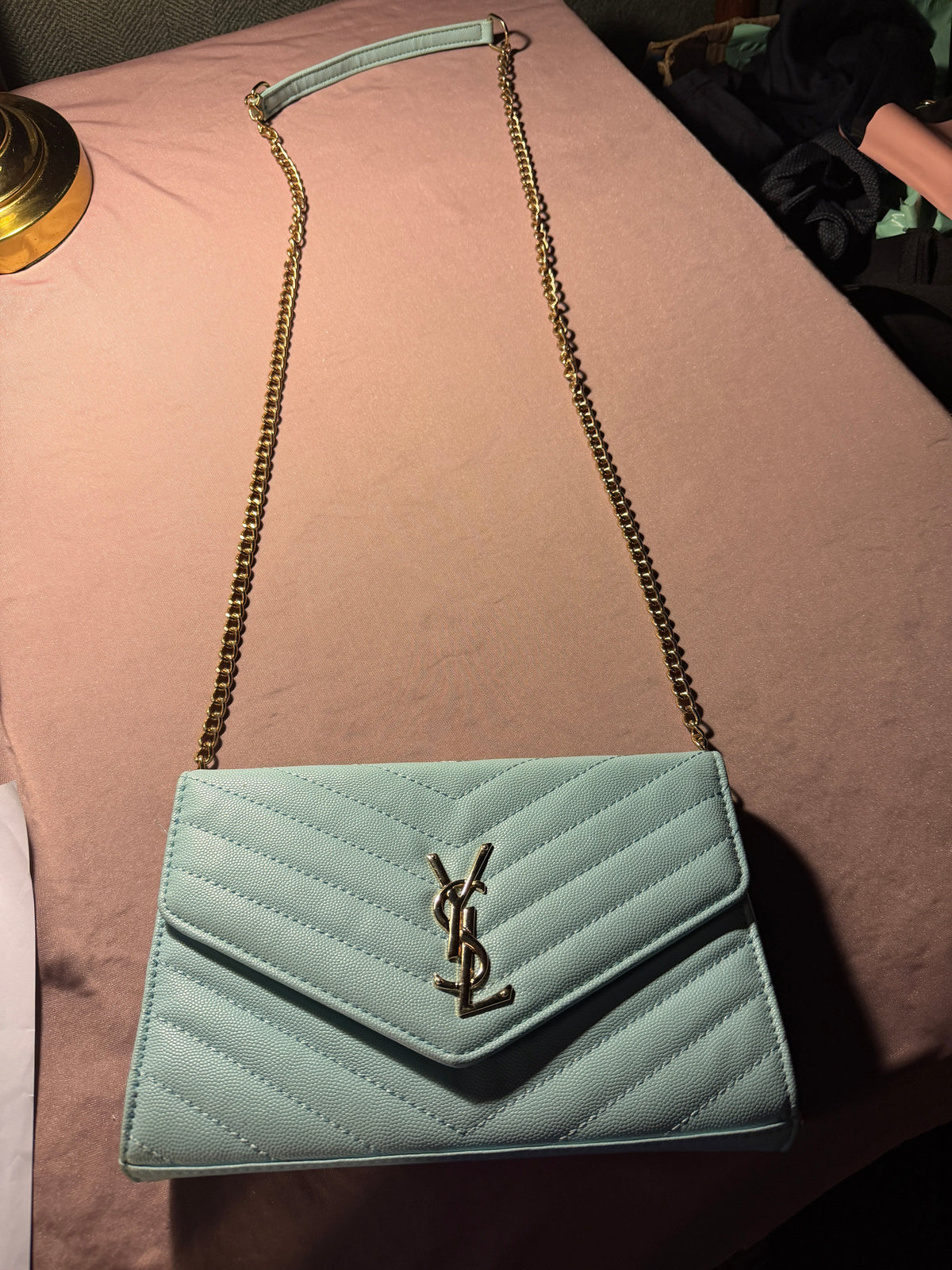 YSL Quilted Envelope Chain Bag – Powder Blue