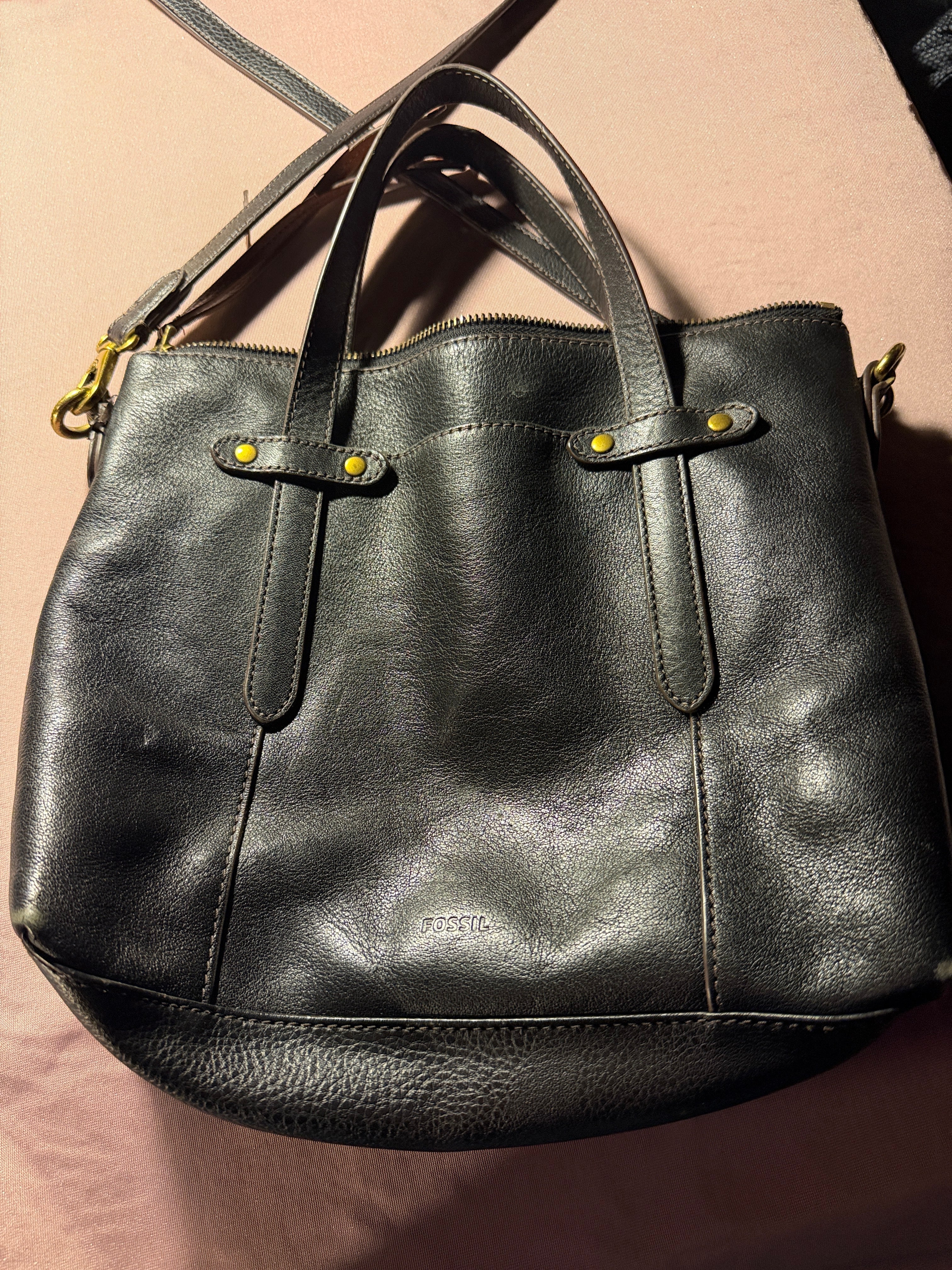 Fossil Black Leather Zip Tote Satchel with Crossbody Strap