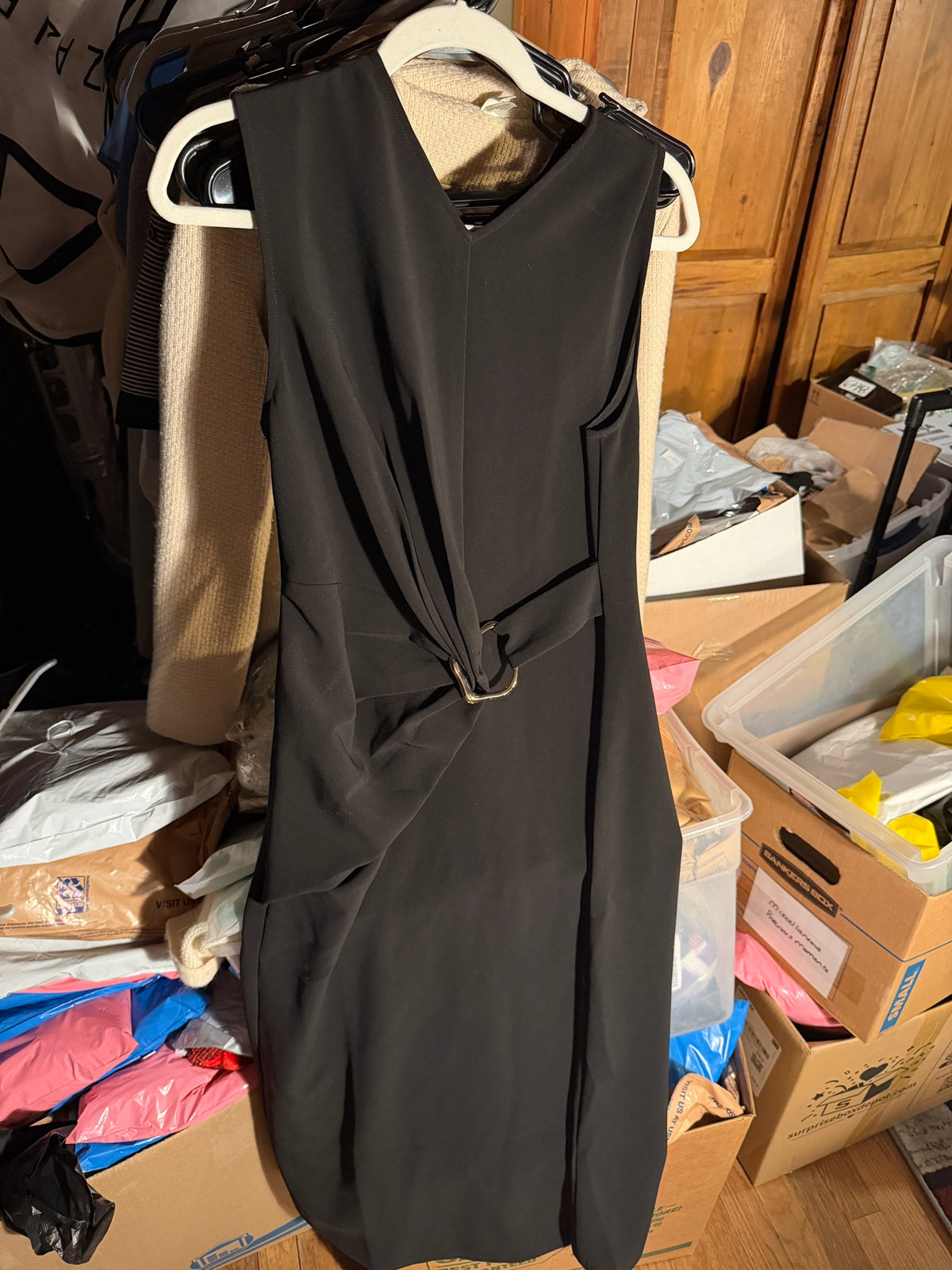 LUXELY Black Sleeveless Belted Midi Dress, Size 6 - New with Tags