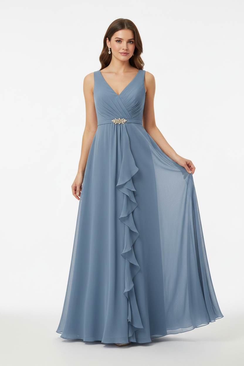 Steel Blue One-Shoulder Chiffon Dress with Jeweled Brooch – Size L