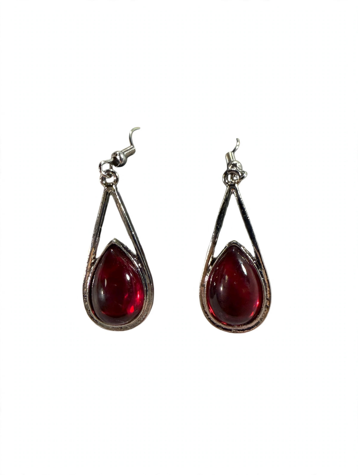 Red Teardrop Dangle Earrings — Silver Tone