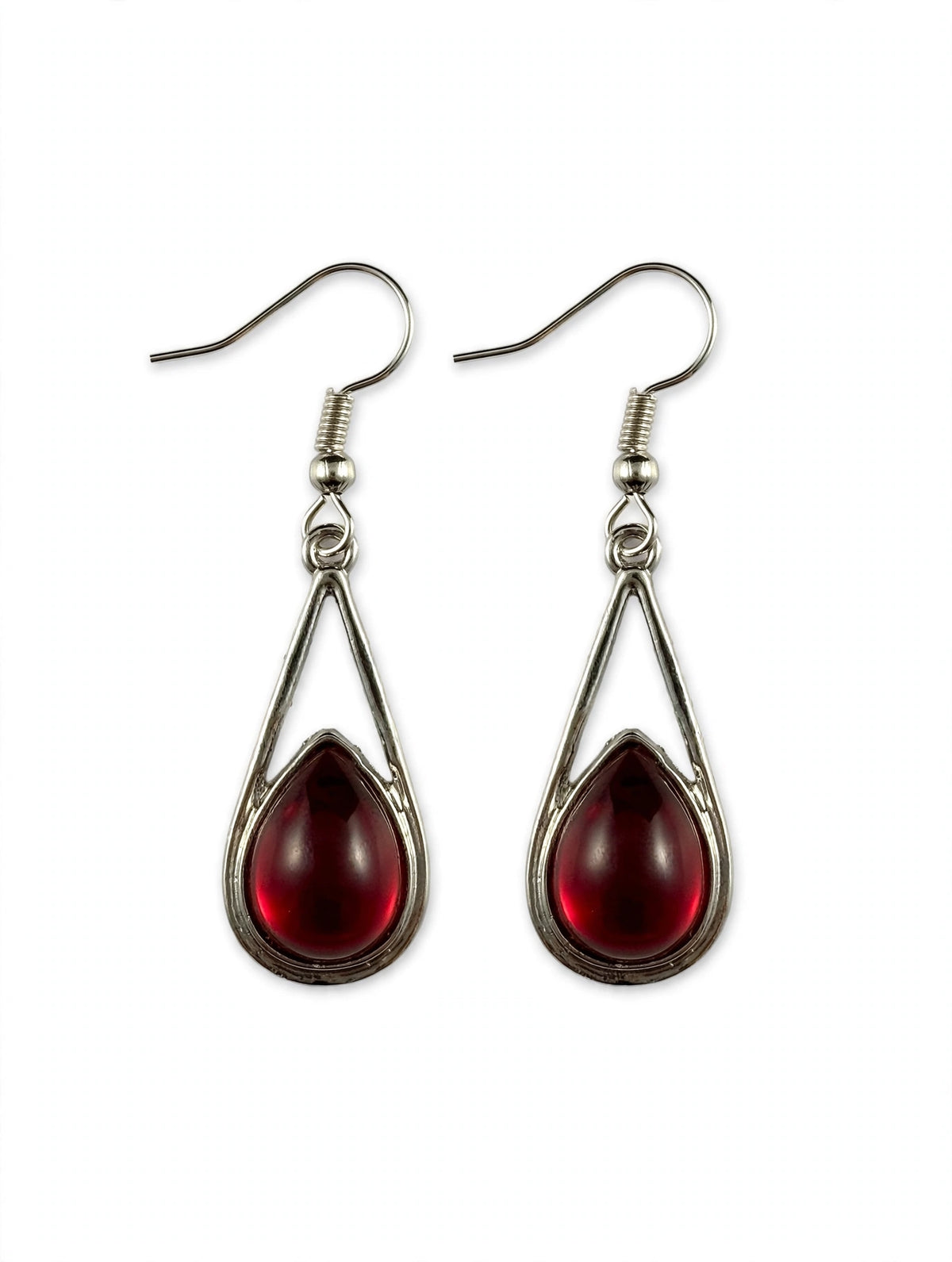 Red Teardrop Dangle Earrings — Silver Tone