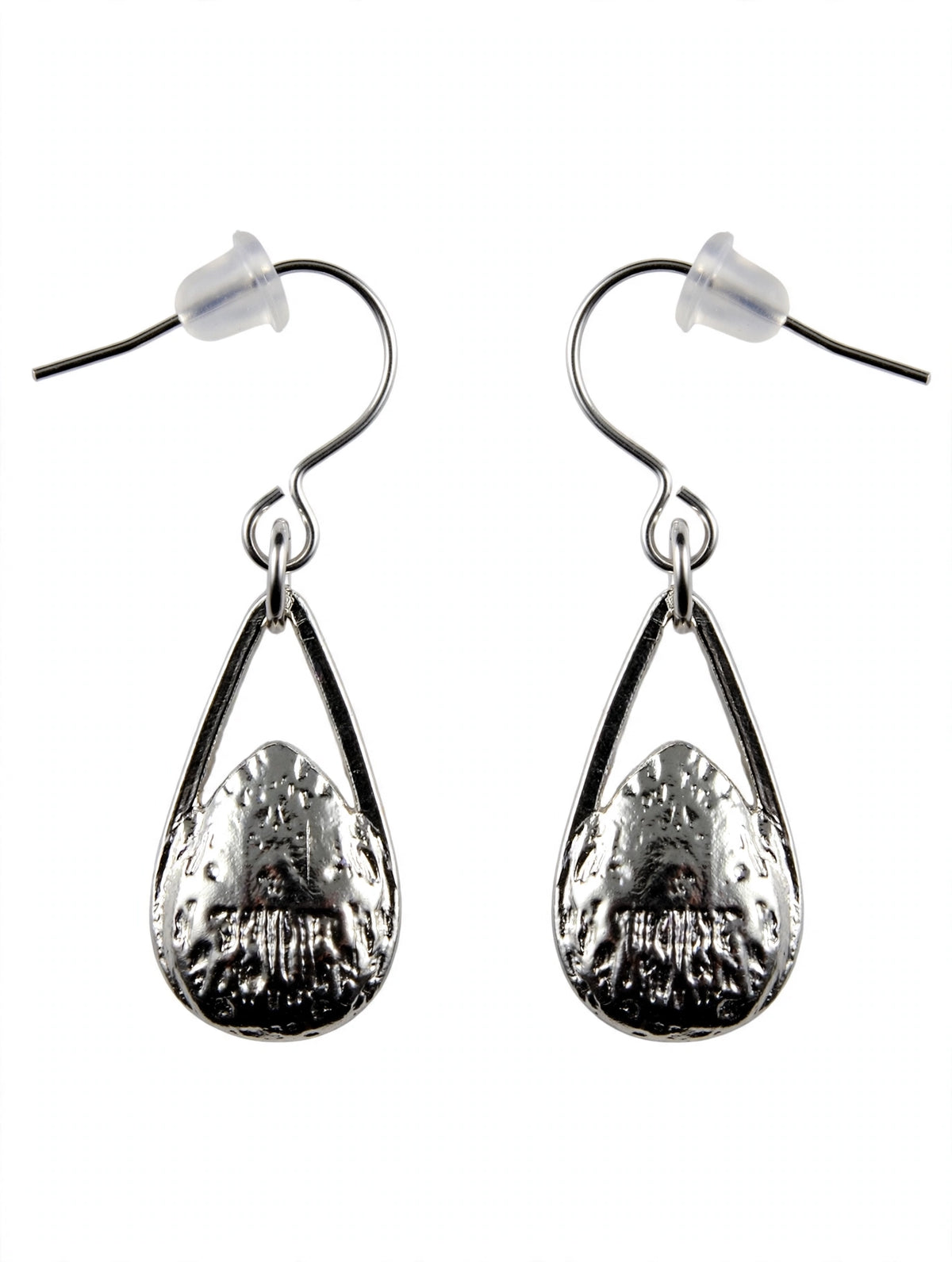 Red Teardrop Dangle Earrings — Silver Tone
