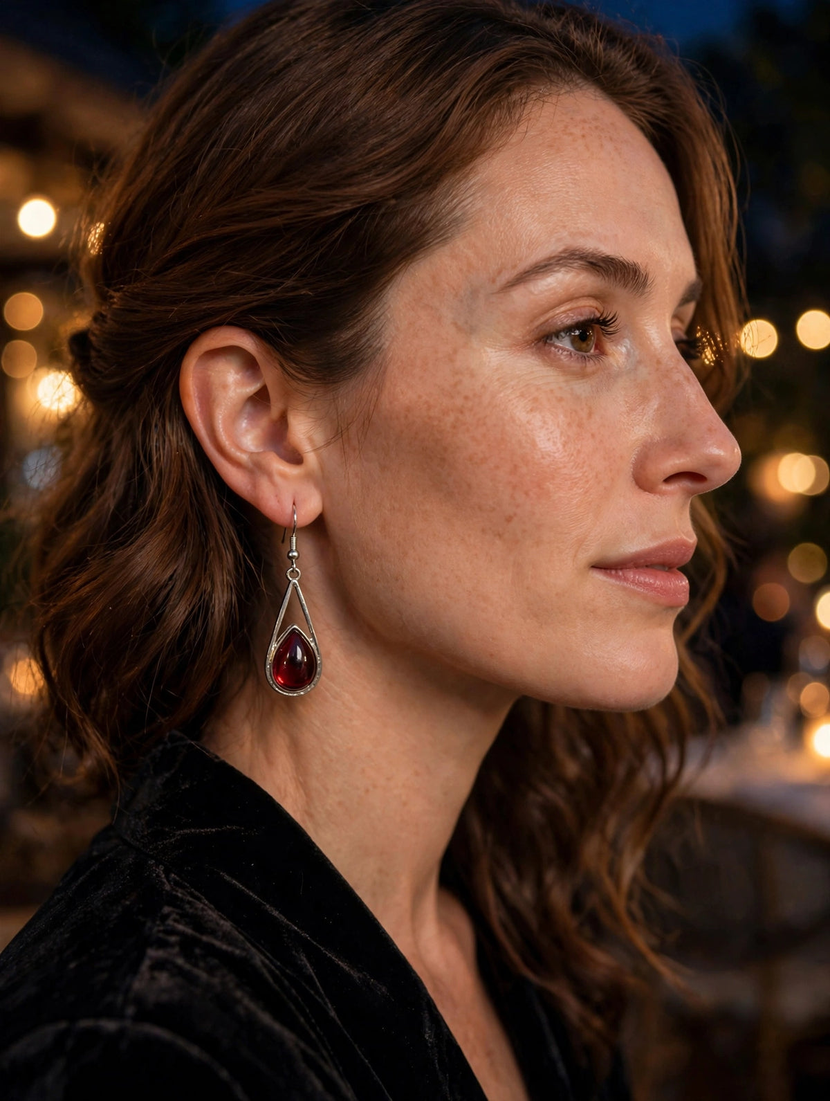 Red Teardrop Dangle Earrings — Silver Tone
