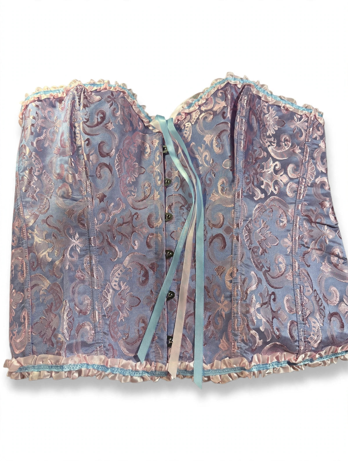 3XL Brocade Corset Top – Blue & Pink with Lace-Up Back