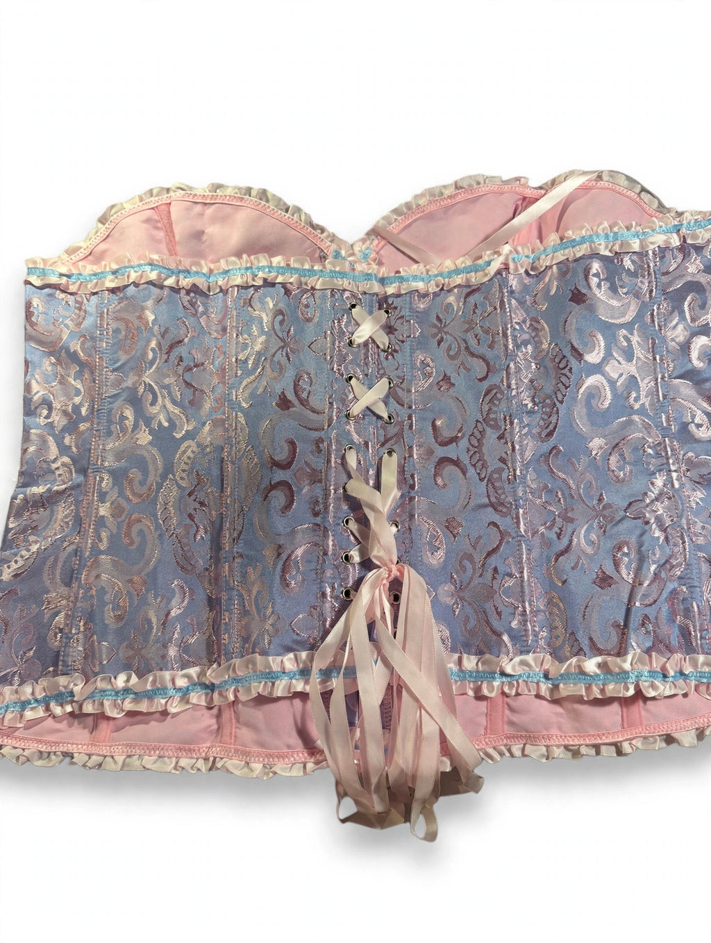 3XL Brocade Corset Top – Blue & Pink with Lace-Up Back