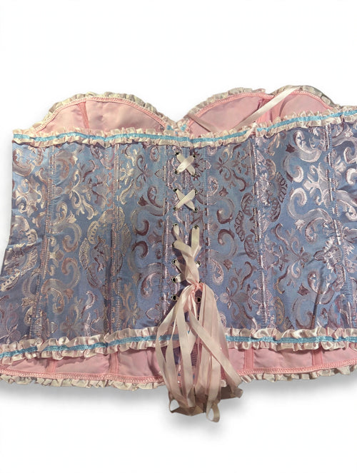 3XL Brocade Corset Top – Blue & Pink with Lace-Up Back