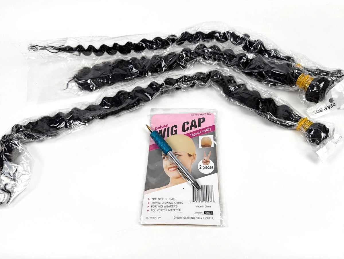 Deep Wave Hair Extensions Bundle – 30", 32", 34" + 2 Wig Caps – Black