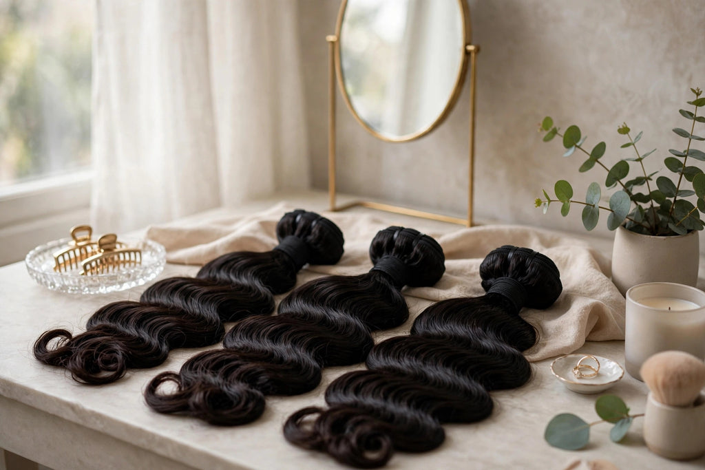 Deep Wave Hair Extensions Bundle – 30", 32", 34" + 2 Wig Caps – Black
