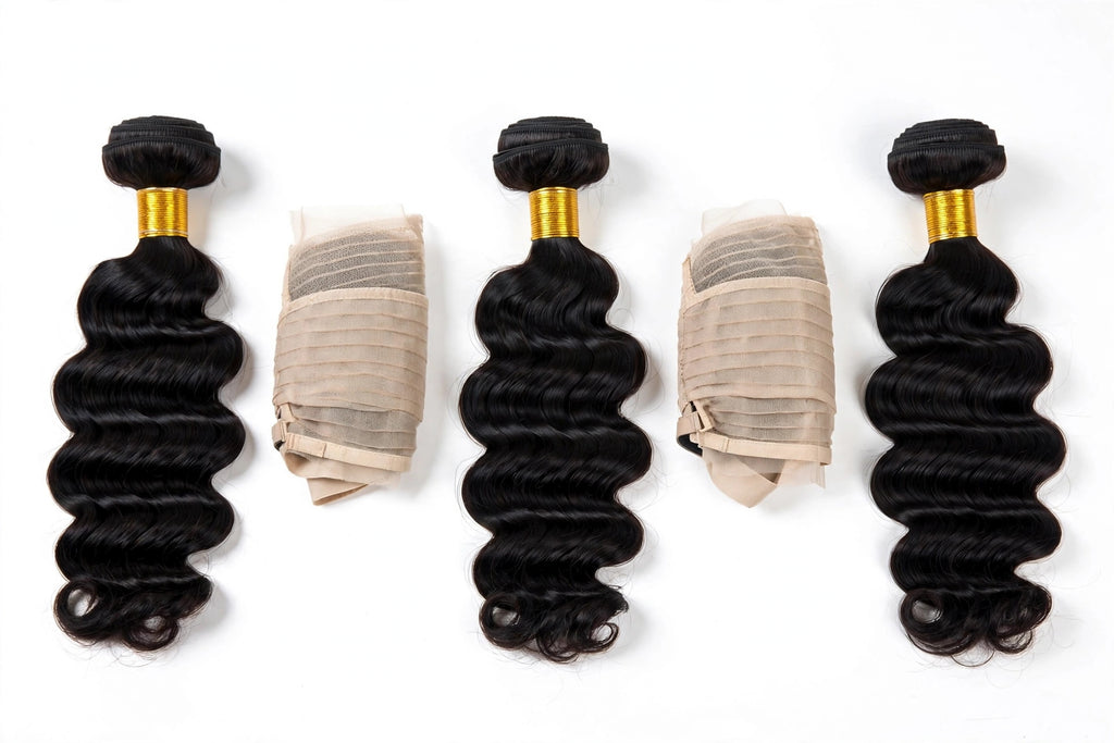 Deep Wave Hair Extensions Bundle – 30", 32", 34" + 2 Wig Caps – Black