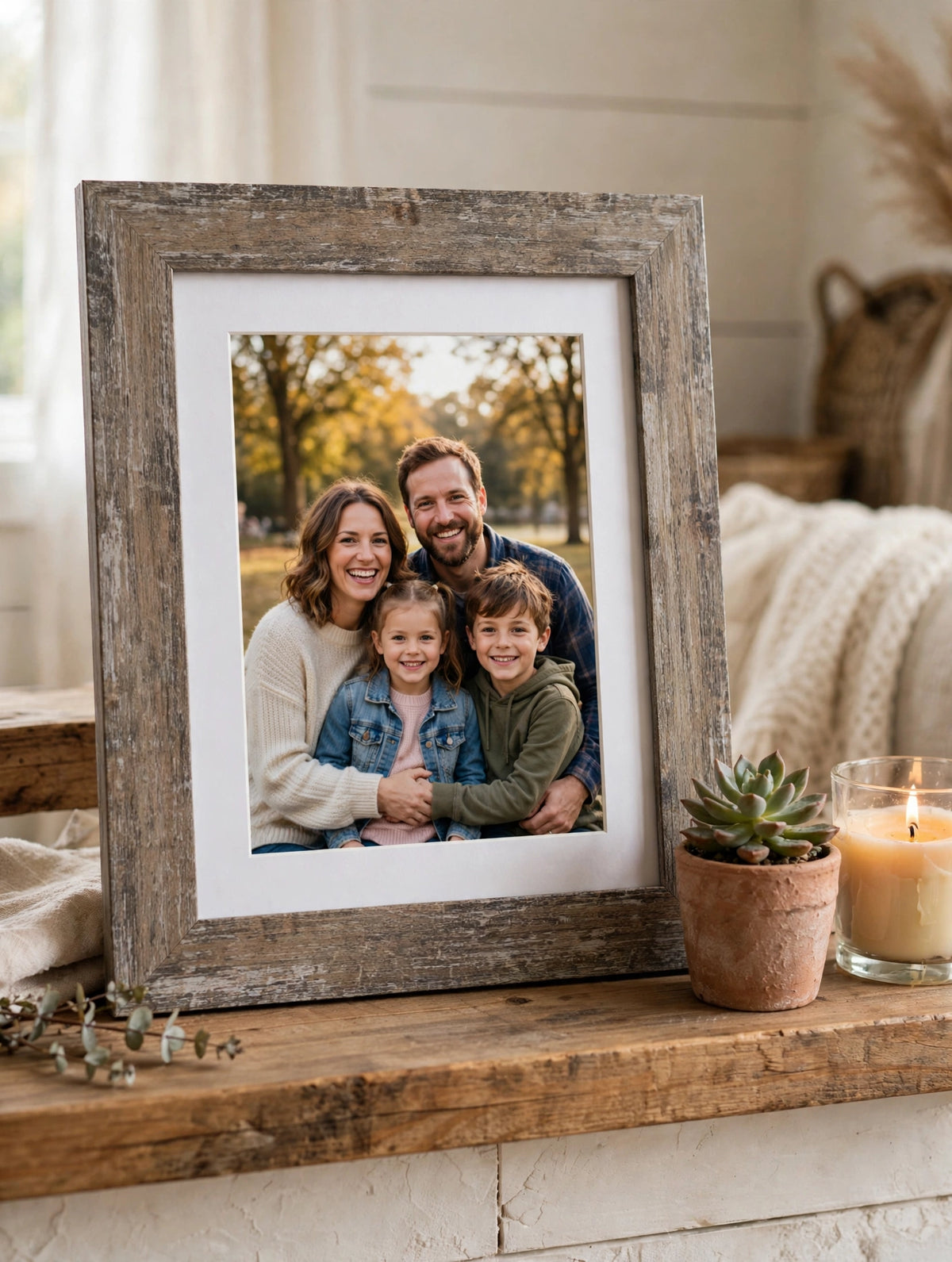 Rustic Distressed Wood Picture Frame with White Mat - 5x7