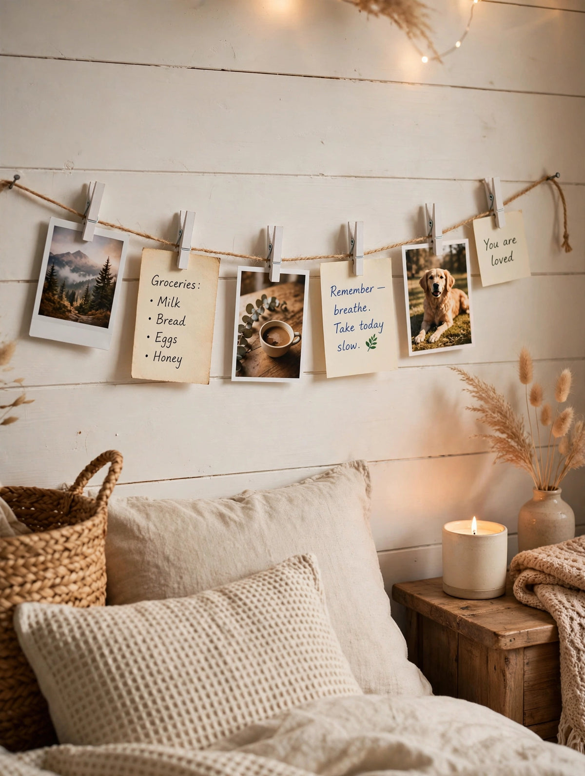 White Mini Wooden Clothespins with Jute Twine - Photo Clip Set