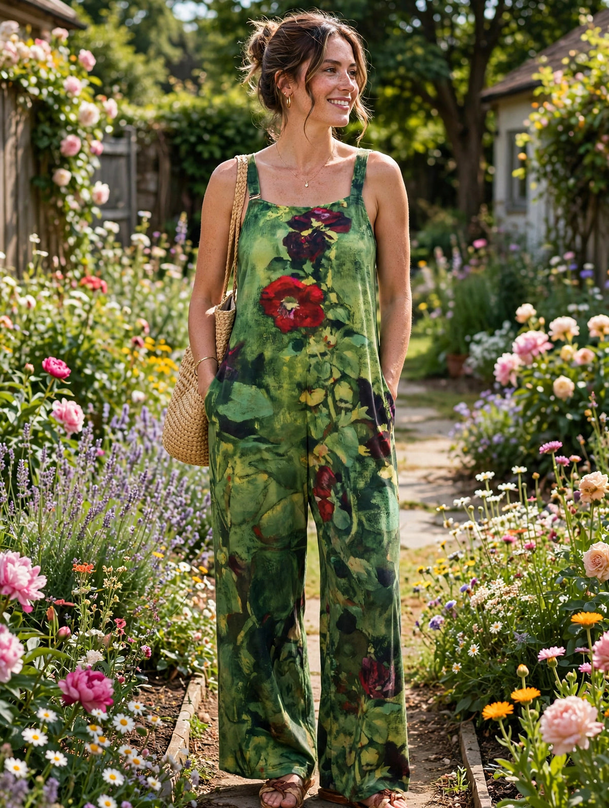 Red Rose Print Wide-Leg Onesie, Size XL
