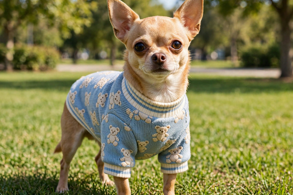 Small Dog Sweater – Blue Teddy Bear Knit, ~14 Inch