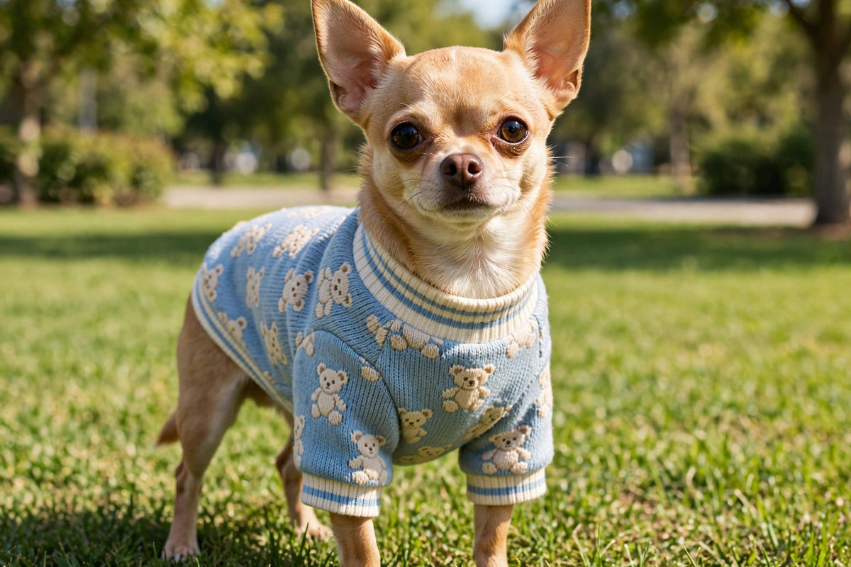 Small Dog Sweater – Blue Teddy Bear Knit, ~14 Inch